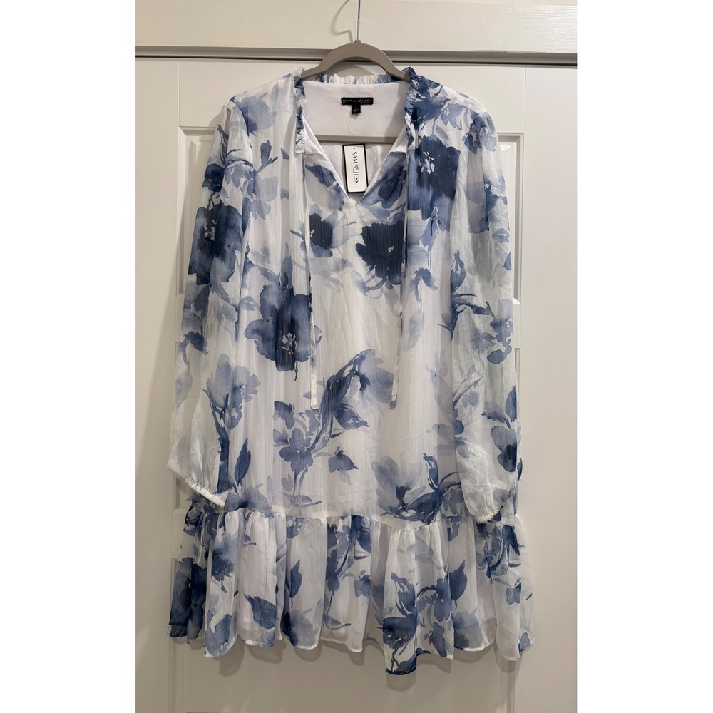 Sam and Jess Riviera Floral Shift Dress Blue White Ruffle Neck Mini Large NWT